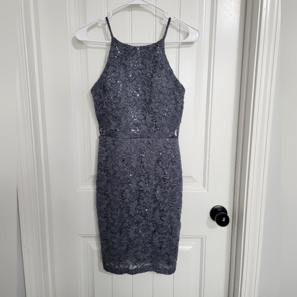 by & by Sparkly Gray Tight Fit Lace Dress, Size 1